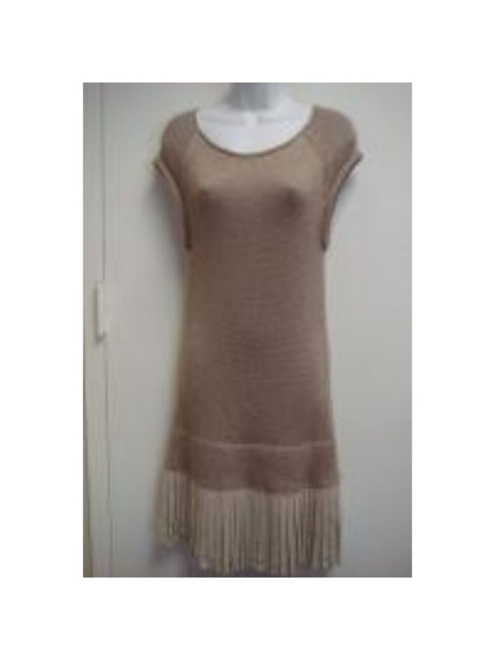 Iisli Women's Pleated Short-Sleeve Sweater Dress - Beige Metallic, M, New